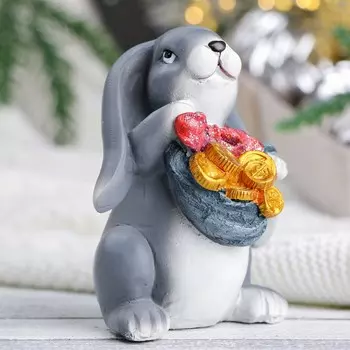 Копилка "Заяц с монетами в мешке" серый, 9х8х10см