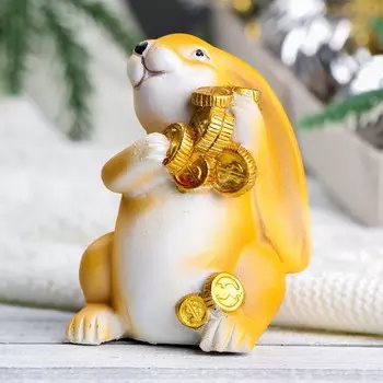 Копилка "Заяц с монетами в руках" рыжий, 8х7х10см