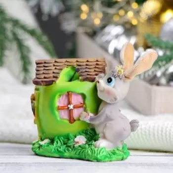 Копилка "Заяц с зеленым домиком" серый, 11х9х11см