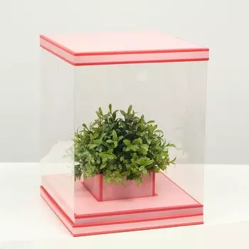 Коробка для цветов с вазой и PVC окнами складная, насыщенно - розовый, 233023 см