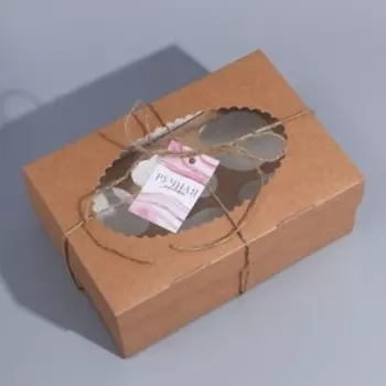 Коробка для капкейка, кондитерская упаковка с шильдиком, 6 ячеек, «Ручная работа», 23.5 х 16 х 10 см