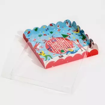 Коробка для кондитерских изделий с PVC крышкой «Новогодний переполох», 21 × 21 × 3 см