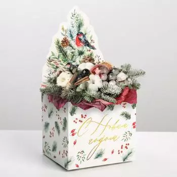 Коробка новогодняя для мини-букетов «С Новым годом», снегири, 12 х 17 х 10 см