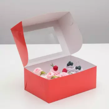 Коробка на 6 капкейков с окном, алая, 25 х 17 х 10 см