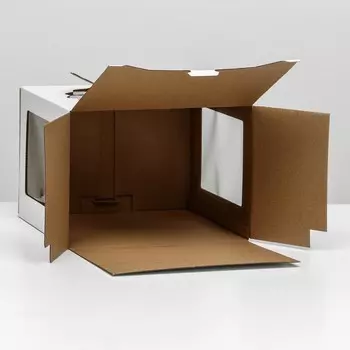 Коробка под торт 3 окна, с ручками, белая, 282820 см