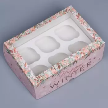 Коробка складная на 6 капкейков новогодняя с окном Happy winter, 25 х 17 х 10 см