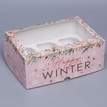 Коробка складная на 6 капкейков новогодняя с окном Happy winter, 25 х 17 х 10 см