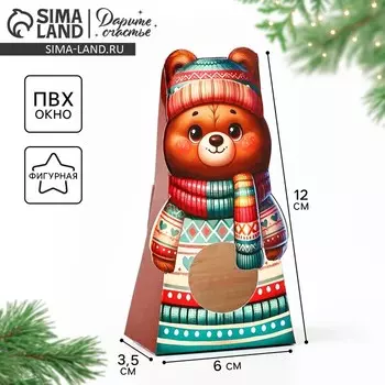 Коробка новогодняя складная с окном «Мишка», 6 х 12 х 3.5 см