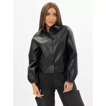 Короткая кожаная куртка женская чёрного цвета, размер 48-50