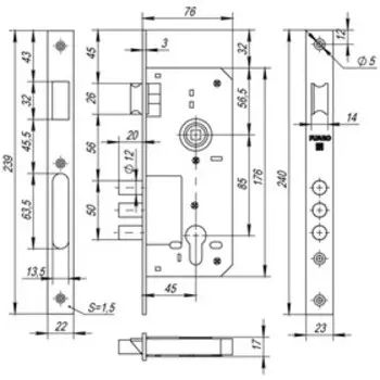 Корпус замка Fuaro 900 3MR/PB W/B, латунная планка