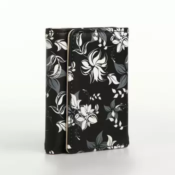 Кошелёк женский на кнопке, 10.52.58.5 см, с цветочным принтом, чёрный/белый