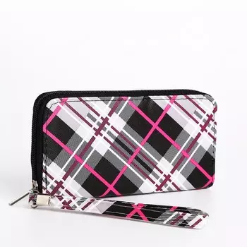 Кошелёк женский на молнии с ремешком, 19.52.510 см, в клетку, чёрный