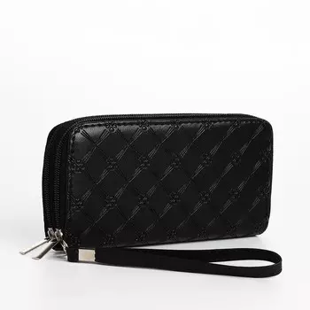 Кошелёк женский на молниях с ремешком, 19.549.5 см, с тиснением, чёрный