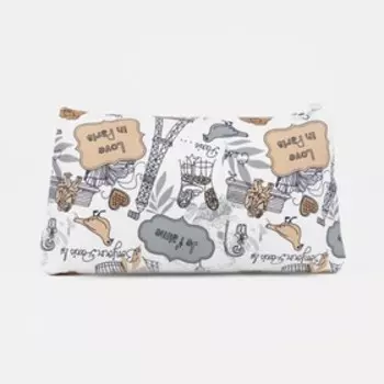 Косметичка-пенал на молнии, плоская, маленькая, с рисунком «Париж», бежевая/серая