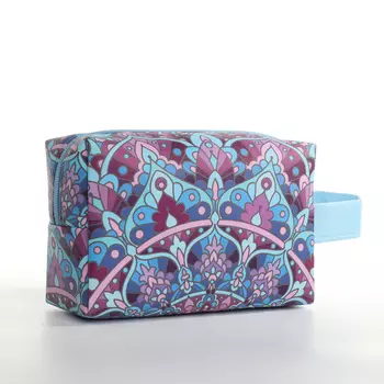 Косметичка на молнии женская, с ручкой, маленькая, с рисунком, голубая