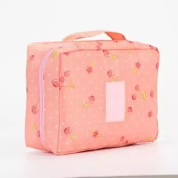 Косметичка - органайзер дорожная на молнии, с карманами, с рисунком «Вишня», розовая