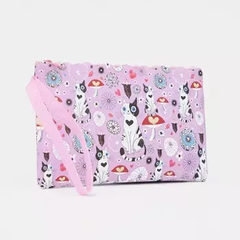 Косметичка на молнии плоская, с ручкой, с рисунком, розовая/разноцветная