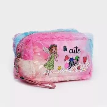Косметичка на молнии с ручкой, плюшевая, с принтом Cute girl, розовая