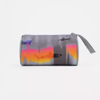 Косметичка простая на молнии, объёмная, с ручкой, с рисунком «Акулы», серая/бирюзовая
