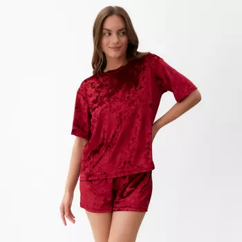 Пижама женская (футболка, шорты) KAFTAN «Бархат», размер 44-46, бордовая