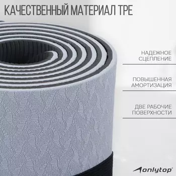 Коврик для фитнеса и йоги ONLYTOP, нескользящий, 183610.6 см, цвет серый/чёрный