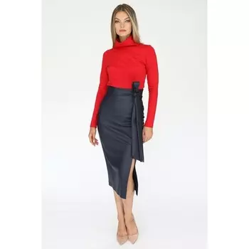 Кожаная юбка-карандаш миди с разрезом, размер 42