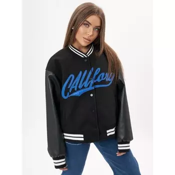 Кожаный бомбер оверсайз женский чёрного цвета, размер 54-56