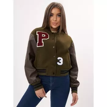 Кожаный бомбер женский цвета хаки, размер 42