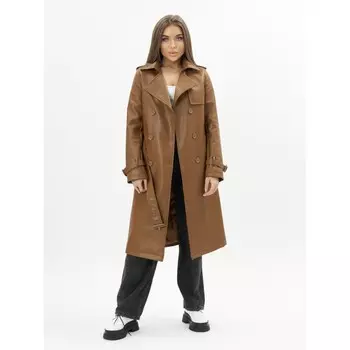 Кожаный плащ женский коричневого цвета, размер 46