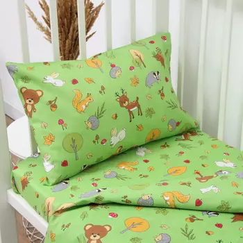 КПБ Лесные друзья зеленый 110х150см, 90х150см, 40х60см, бязь 120г/м, хл100%