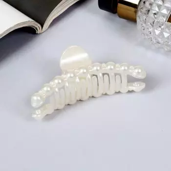 Крабик для волос «Глянец», бусинка, 8 см, белый