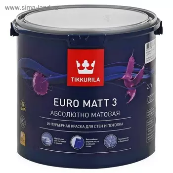 Краска латексная для внутренних работ Тиккурила Евро MATT 3, База А, глубоко матовая 9л