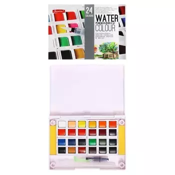 Краски акварельные, + 1 кисть, в пластиковой коробке, 24 цвета