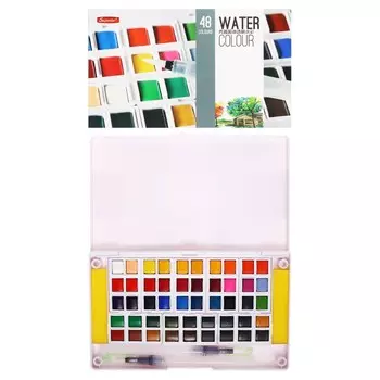Краски акварельные, + 2 штуки кисти, в пластиковой коробке, 48 цветов
