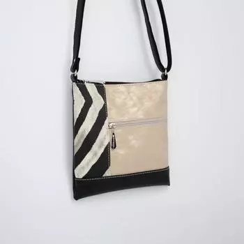 Кросс-боди, отдел на молнии, 2 наружных кармана, длинный ремень, цвет чёрный/бежевый