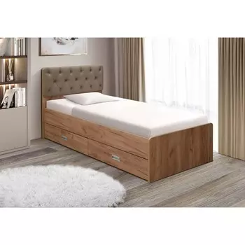 Кровать №7 с ящиками, 120190 см, мягкое изголовье, каретная стяжка, велюр 006, дуб крафт