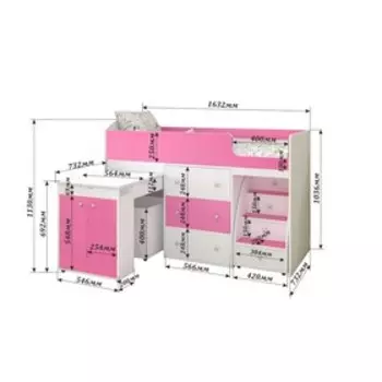 Кровать-чердак Ярофф Малыш 700x1600 дуб молочный розовый