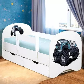 Кровать детская «Джип», с фотопечатью, с бортиком, 2 ящика, 8001900 мм, цвет белый