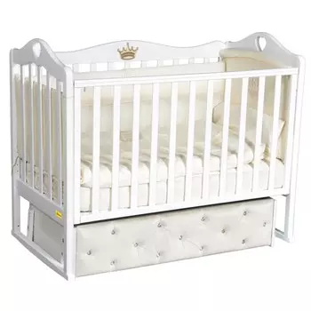 Кроватка Amelia Premium, мягкий фасад, автостенка, ящик, универсальный маятник, цвет белый