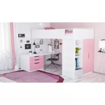 Кроватка-чердак Polini kids Simple с письменным столом и шкафом, цвет белый-роза