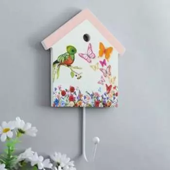 Крючок декоративный дерево домик "Цветы, птенчик и бабочки" 22,5х13,8х4,5 см