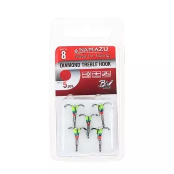 Крючок-тройник светофор Namazu, с каплей и камнем, 8 (INT), цвет RYB, в упаковке 5 шт.