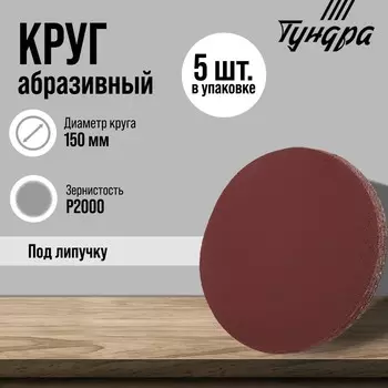 Круг абразивный шлифовальный под «липучку» ТУНДРА, 150 мм, Р2000, 5 шт.