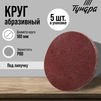 Круг абразивный шлифовальный под «липучку» ТУНДРА, 180 мм, Р80, 5 шт.