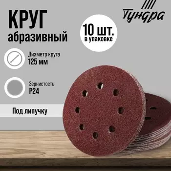 Круг абразивный шлифовальный под «липучку» ТУНДРА, перфорированный, 125 мм, Р24, 10 шт.