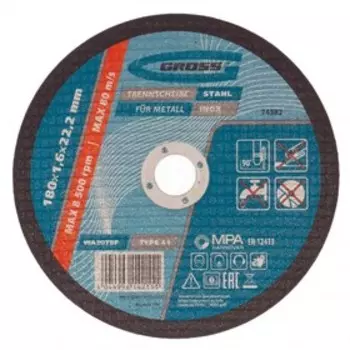 Круг отрезной Gross 74382, по металлу, 180х1.6х22.2 мм, F46