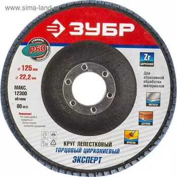 Круг шлифовальный "ЗУБР" ПРОФИ, лепестковый торцевой, тип КЛТ 1, P60, 125х22,2 мм