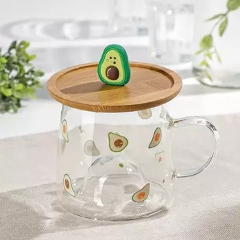 Кружка с деревянной крышкой «Авокадо», 350 мл, стекло, рисунок МИКС