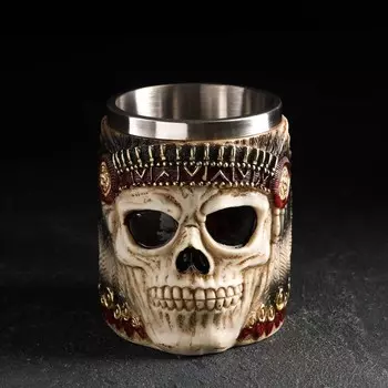 Кружка средневековая «Череп. Индеец», 400 мл, нержавеющая стал, бежевая