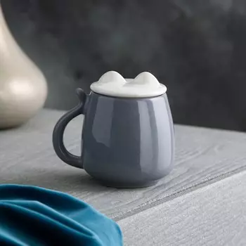 Кружка керамическая "Котик", с крышкой, 400 мл, серая, 1 сорт, Иран